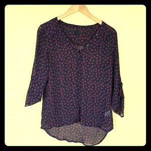 Sheer Navy Blouse with Fuschia Flower Print
